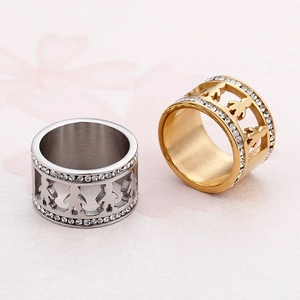 Hollow human figure rings with brushed metal texture and rhinestone borders