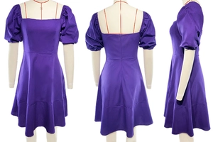 Detailed views of purple puff sleeve midi dress with square neck on mannequin