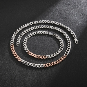 Cuban Link Chain Halskette Armband Zweifarbig Edelstahl Poliert Hiphop Streetwear Minimalistischer Modeschmuck