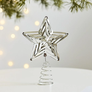Silver metal star tree topper with hollow design and spring base for Christmas tree decoration