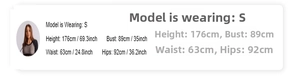 Size chart showing model measurements in cm and inches for tropical print jumpsuit
