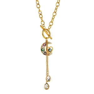 Détail du pendentif lune doré avec motifs œil maléfique et gouttes de cristal