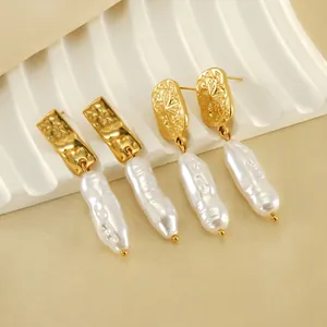 Artificial Baroque Pearl Dangle Earrings 18K Gold Plated Stainless Steel Star Pattern Vintage Elegant Fashion Jewelry For Women