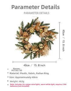 Detailed view of a 40cm Christmas wreath with gold ornaments and 2m warm LED lights