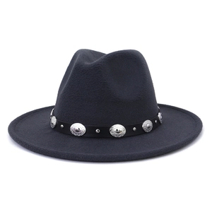 Detail of dark grey wool fedora with black leather belt and silver metal studs decoration