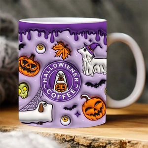 3D Halloween purple ceramic mug with spooky ghosts pumpkins and bats relief design