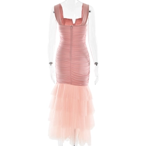 Detail of pink bodycon maxi dress with back zipper and layered tulle fishtail hem