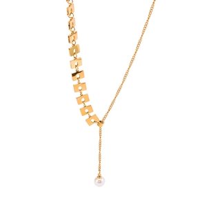 18k gold plated stainless steel Y-necklace with hollow square links and pearl pendant