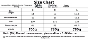 Detailed size chart for the brown faux fur jacket with length and sleeve measurements