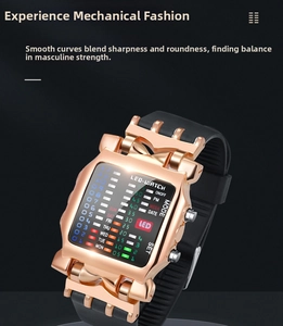 Macro detail of rose gold binary LED watch featuring mechanical square face and rubber strap