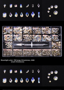 Detailed set of 21-grid moonlight glass nail art rhinestones with dual-ended dotting pen