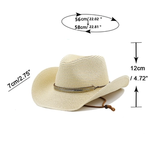 Detailed size specifications for light beige woven straw cowboy hat with adjustable strap