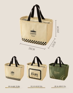 Three patterned insulated lunch bags with dimensions showing waterproof fabric and top handle