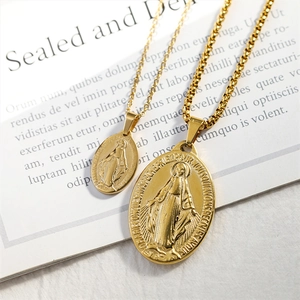 Golden oval stainless steel coin necklaces with religious Virgin Mary portrait pendants