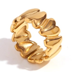 Modern 18K gold-plated stainless steel ring featuring relief heart patterns on white background