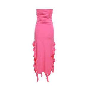 Detail of pink strapless bodycon dress with textured ruching and wavy ruffle trim