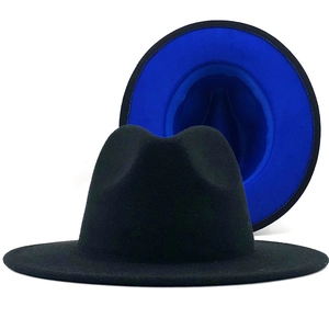 Retro two-tone wool felt fedora hat featuring black exterior and royal blue interior lining