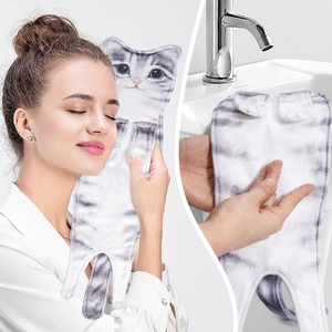 Realistic cat-shaped grey striped hand towel showing soft texture and hanging use