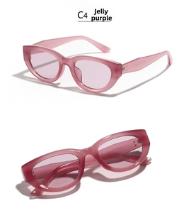 Detail view of Jelly Purple square cat-eye sunglasses featuring metal rivet accents