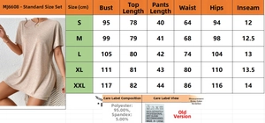 Size chart for batwing sleeve top and shorts set with polyester fabric details