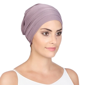 Detailed side view of pleated mauve headscarf for women with elastic knit fabric