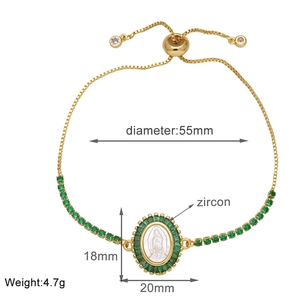 Detail of gold-plated Virgin Mary bracelet featuring green zircon settings and size specs