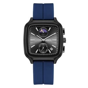 Montre carrée noire GEDI avec bracelet bleu silicone phase de lune et calendrier