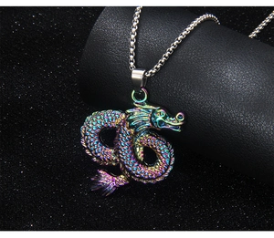 Detailed close-up of rainbow dragon totem pendant necklace with vibrant metallic finish