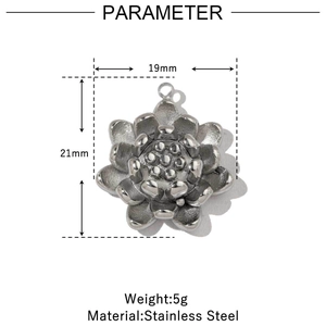 Detailed size chart for silver lotus pendant in stainless steel with 21mm height