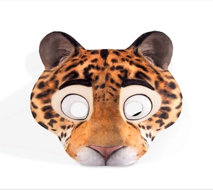 Detailed view of plush leopard mask with orange fur and realistic black spots for cosplay