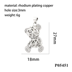 Hollow geometric bear pendant in rhodium-plated copper with micro-pave zircon accents
