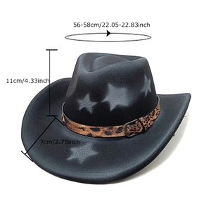 Black western cowboy wool hat with leopard print belt and grey star pattern details