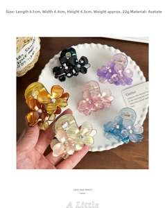 Detailed size view of colorful flower claw clips with rhinestones and acetate material