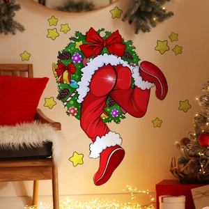 Sticker mural de Noël détaillé montrant le Père Noël dans une couronne pour la déco