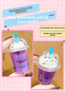 Macro detail of a purple cat milk tea cup keychain with a cute blue straw and white lid