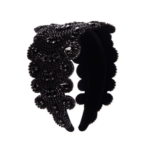 Luxury black velvet headband featuring handcrafted rhinestones and beaded flower patterns