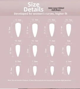Guide des tailles pour faux ongles stiletto longs avec 24 pièces en 12 dimensions précises