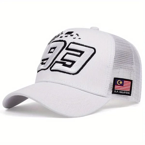 Close-up of 93 3D embroidery and G.P. Malaysia flag patch on white trucker mesh cap