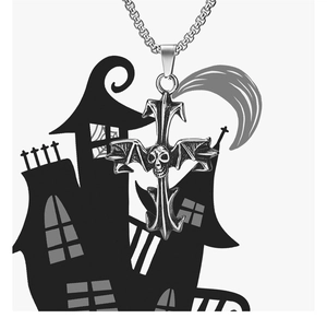 Detail of silver stainless steel gothic cross necklace with skull and bat wings pendant