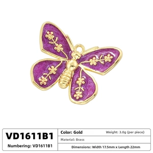 Macro shot of purple enamel butterfly pendant with brass dimensions and weight details