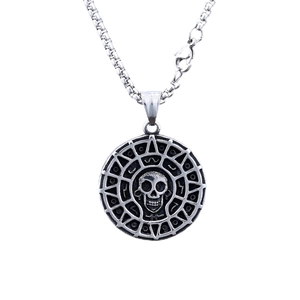 Silver stainless steel viking skull coin pendant necklace for men with sunburst texture