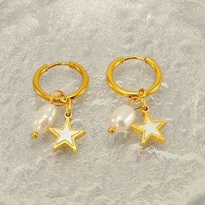 Fashionable gold stainless steel hoop earrings with white pearl and enamel star pendants