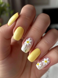 Detailed view of long yellow and white press-on nails with daisy floral art patterns