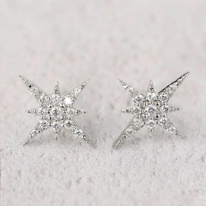 Primer plano de pendientes de estrella de plata con pavé de circonitas brillantes
