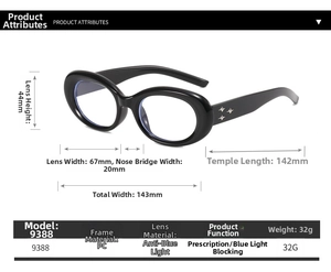 Detailed size chart showing frame dimensions and blue light blocking specs for these glasses