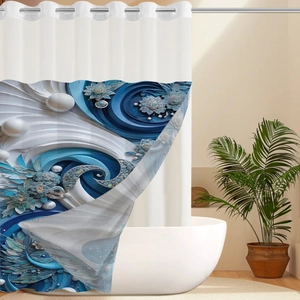 Detail of 3D blue floral shower curtain with reinforced metal eyelets in a modern bathroom