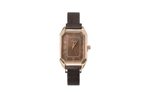 Detail of woman watch with octagonal gold case, dark brown dial and mesh magnetic strap