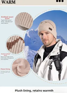 Detailed view of beige winter knit beanie with mountain pattern and warm fleece lining