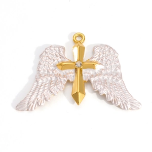 18K gold-plated stainless steel cross with wings pendant featuring enamel and rhinestones