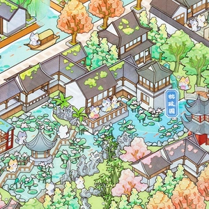 3D Suzhou Garden miniature architecture stickers featuring cute cartoon cats in a city scene